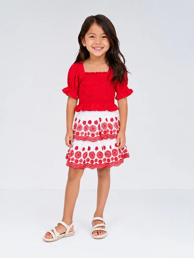 Kids Girls White Floral Embroidered Cotton Tiered Skirt - (2 - 8 yrs)